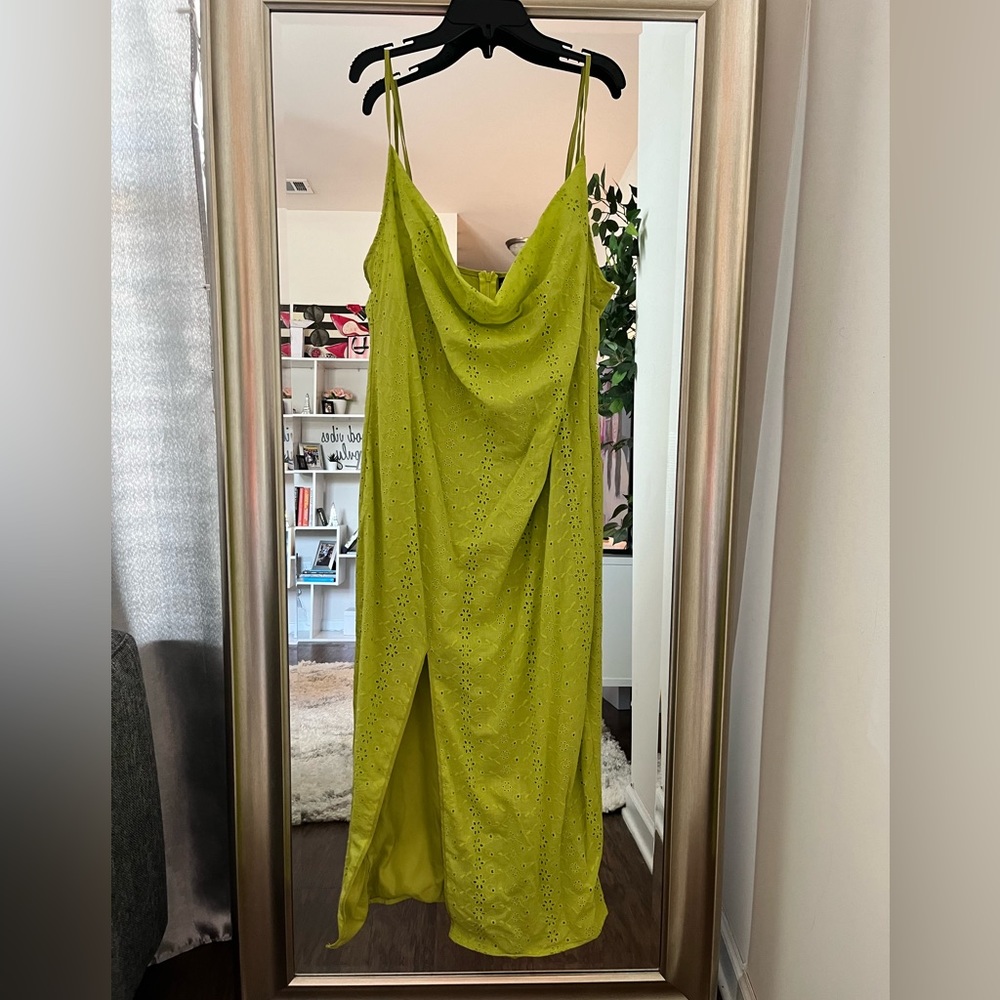 Cowl neck floral linen dress with slit. Neon green.